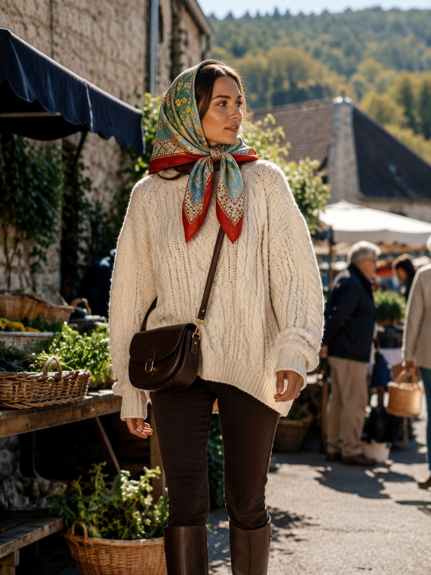 Cable-knit sweater with Wenzi Arboreal Reverie silk headscarf
