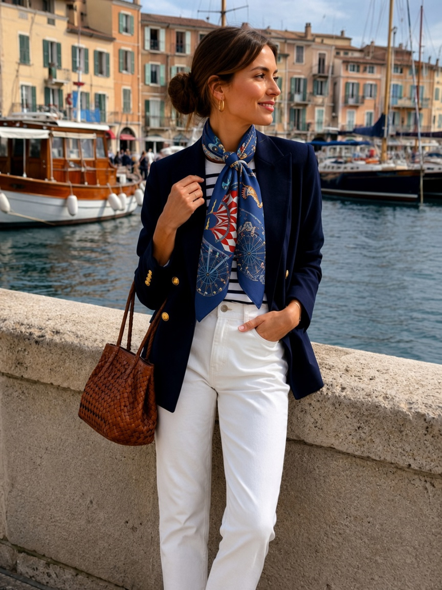 Navy blazer with red and navy silk scarf old money casual