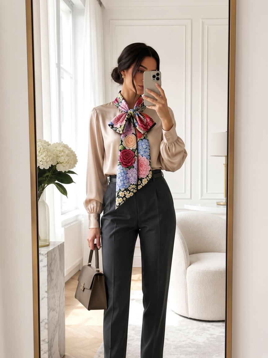 Silk blouse with Wenzi Garden Sonata hand-painted scarf