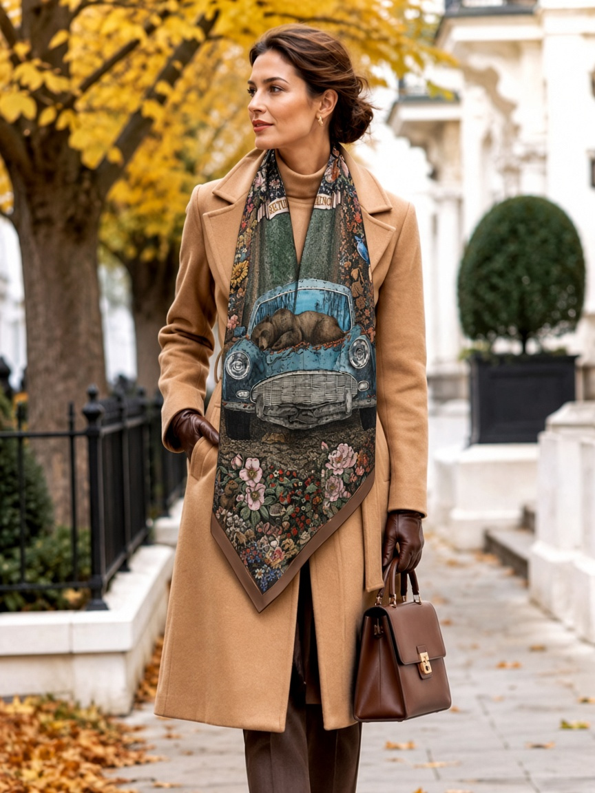 Camel wrap coat with artistic silk scarf at neckline