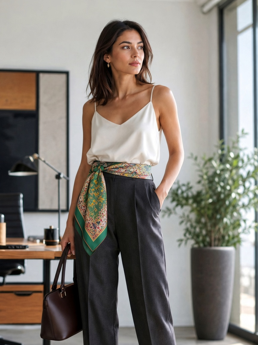 High-waisted trousers with Wenzi Arboreal Reverie silk scarf as belt