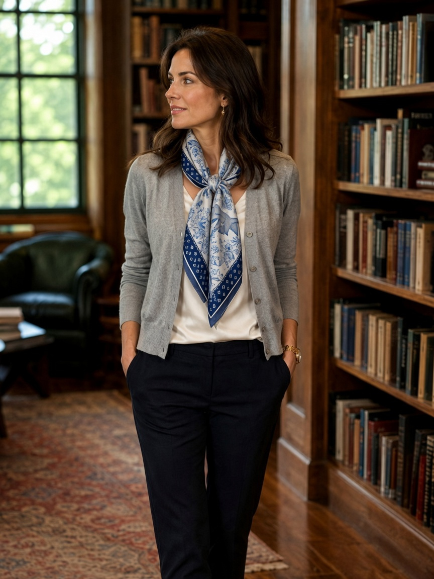 Cardigan with Wenzi Blossom Birds silk scarf