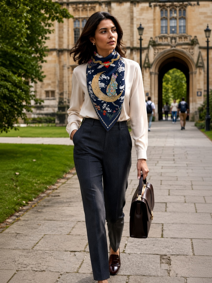 Tailored trousers with Wenzi Moonlit Menagerie silk scarf and loafers