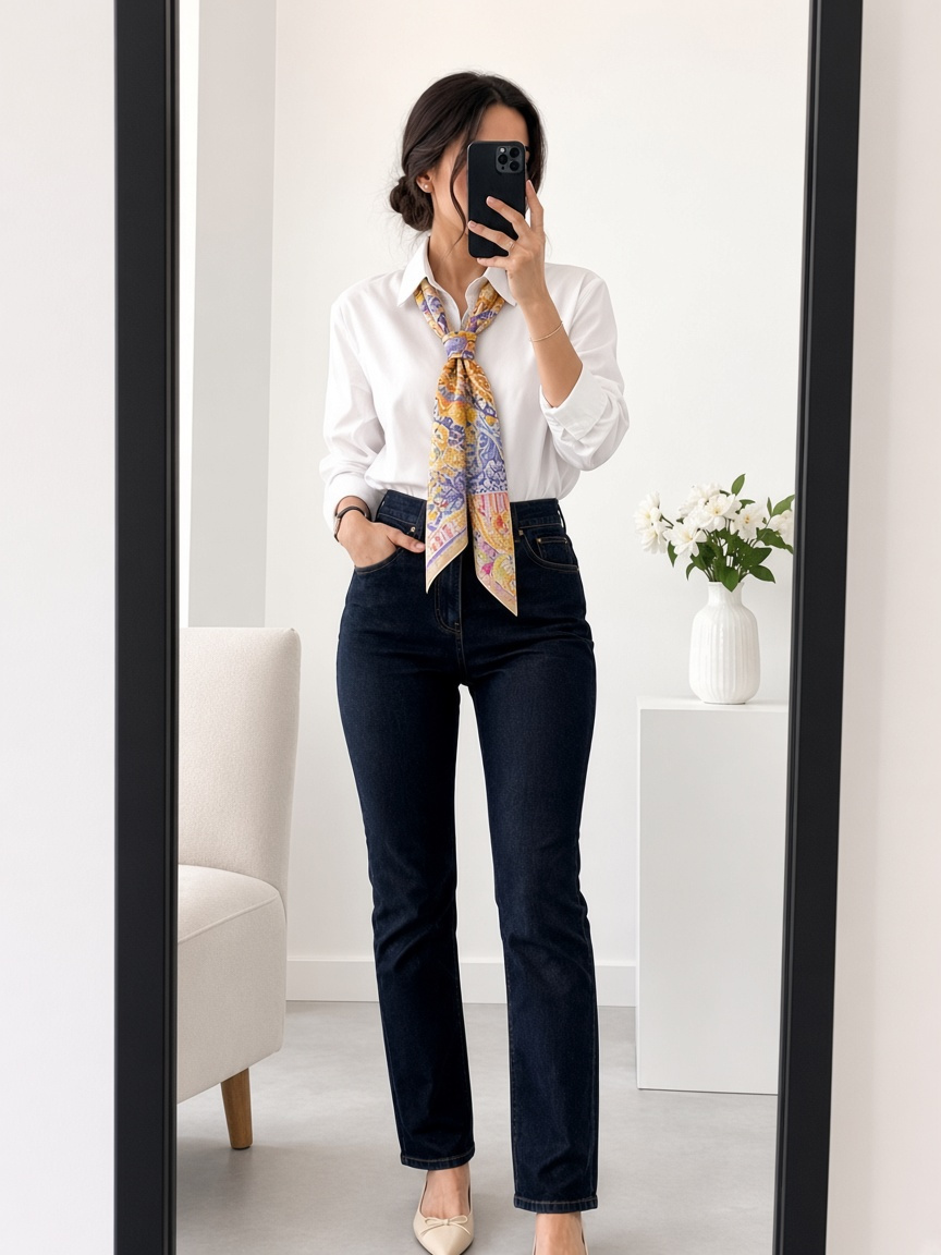 Collared shirt with Wenzi Feline Fantasy silk scarf necktie