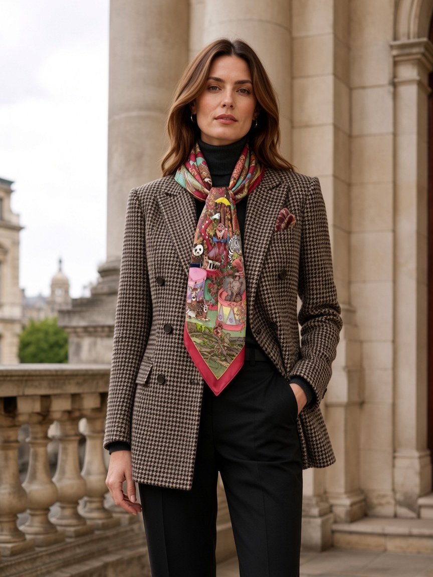 Double-breasted blazer with Wenzi Forest Circus silk scarf