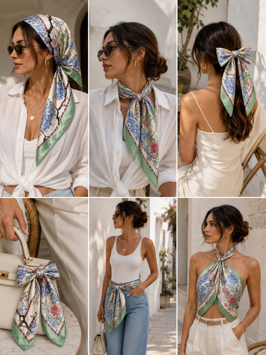 Six summer ways to style a Wenzi Porcelain hand-painted silk scarf